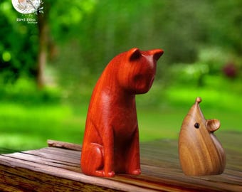 Figuritas de gato y ratón de madera maciza, decoración minimalista con animales.