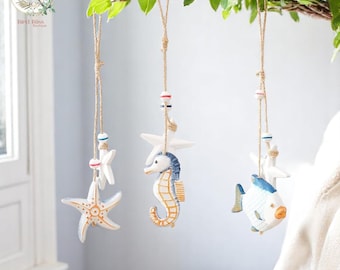 Nautical Wood Wall Hanging: Coastal Fish, Seahorse, Starfish Decor