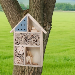 May include: A wooden insect house with a gabled roof, attached to a tree. The house features multiple compartments filled with bamboo tubes, drilled holes, and wire mesh, providing shelter for beneficial insects. A blue triangular section with holes is visible.
