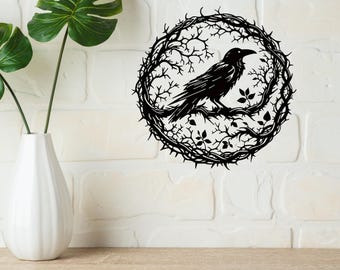 Raven on Branch Metal Wall Art, Rustic Home Decor (30 cm)