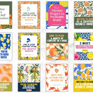 May include: A collection of fifteen rectangular digital graphic templates featuring various fruit patterns, floral motifs, and tile designs. Each template contains bold text overlays with titles such as Creative Offers That Sell Themselves and The 5-Step Content Plan.