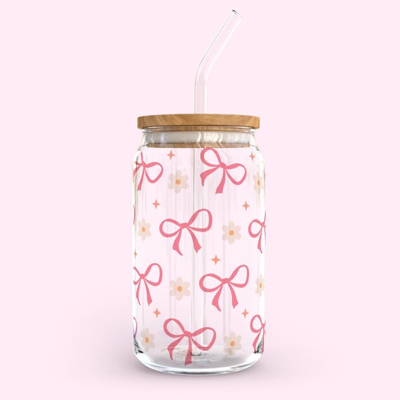 Pink bows 16oz glass can cup with bamboo lid and glass straw. Coffee cup. Girly cup. Cute iced coffee cup. #0054