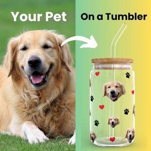 May include: A personalised tumbler featuring a golden retriever dog's face printed on it. The tumbler has a straw and a wooden lid. The background is a green and yellow gradient.