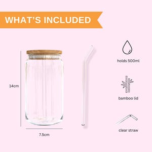 May include: A clear glass jar with a bamboo lid and a clear glass straw. The jar is 7.5 inches wide and 14 inches tall. It holds 500 ml of liquid.