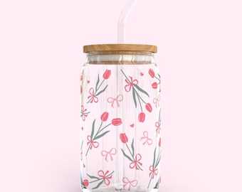 Tulip Love 16oz glass can cup with bamboo lid and glass straw. Coffee cup. Girly cup. Cute iced coffee cup. #0075