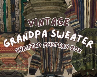 May include: A collection of vintage grandpa sweaters in various colors and patterns. The sweaters include striped, patterned, and textured designs. The image includes the text "Vintage Grandpa Sweater Thrifted Mystery Box".