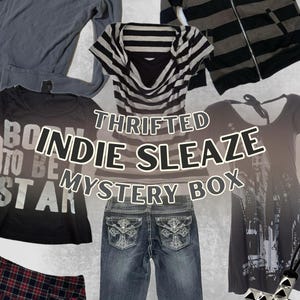 Puede incluir: Una colección de ropa de segunda mano, que incluye una camisa henley gris, una camiseta a rayas, una camiseta gráfica negra, una falda a cuadros, vaqueros y una chaqueta con capucha. También se muestra un collar con colgante de cruz. El texto de la imagen dice "Thrifted Indie Sleaze Mystery Box."