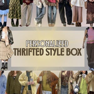 Puede incluir: Un collage de varios atuendos, que muestra una variedad de estilos. La imagen presenta a varias personas que usan diferentes combinaciones de ropa, incluyendo faldas, chaquetas y suéteres. El texto "PERSONALIZED THRIFTED STYLE BOX" se muestra en el centro.