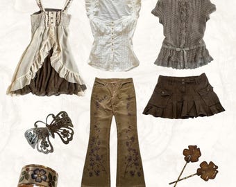 May include: A collection of romantic boho thrifted clothing and accessories. Includes a cream-colored dress, white blouse, brown top, brown pants with floral embroidery, a brown skirt, a butterfly ring, a cuff bracelet, and flower hair pins.