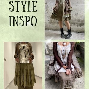Puede incluir: Un collage de moda que presenta atuendos de estilo bohemio en tonos tierra. Los atuendos incluyen faldas, vestidos y tops en capas en verde oliva y marr&oacute;n. El texto "STYLE INSP0" se muestra en una fuente decorativa.