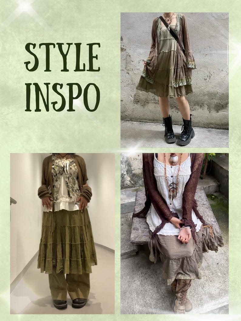 Puede incluir: Un collage de moda que presenta atuendos de estilo bohemio en tonos tierra. Los atuendos incluyen faldas, vestidos y tops en capas en verde oliva y marr&oacute;n. El texto "STYLE INSP0" se muestra en una fuente decorativa.