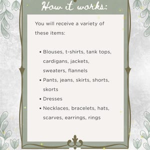 Puede incluir: Imagen enmarcada con el texto "How it works:" y una lista de art&iacute;culos que incluyen blusas, camisetas, camisetas sin mangas, c&aacute;rdigans, chaquetas, su&eacute;teres, franelas, pantalones, vaqueros, faldas, pantalones cortos, skorts, vestidos, collares, pulseras, sombreros, bufandas, pendientes y anillos.