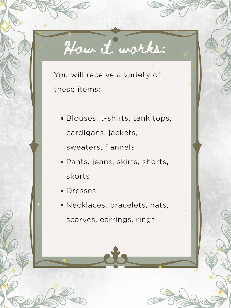 Puede incluir: Imagen enmarcada con el texto "How it works:" y una lista de art&iacute;culos que incluyen blusas, camisetas, camisetas sin mangas, c&aacute;rdigans, chaquetas, su&eacute;teres, franelas, pantalones, vaqueros, faldas, pantalones cortos, skorts, vestidos, collares, pulseras, sombreros, bufandas, pendientes y anillos.