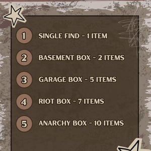 Pu&ograve; includere: Un grafico marrone e beige con il testo "BOX SIZES:" e un elenco di opzioni di scatole. Le opzioni includono "SINGLE FIND - 1 ITEM", "BASEMENT BOX - 2 ITEMS", "GARAGE BOX - 5 ITEMS", "RIOT BOX - 7 ITEMS" e "ANARCHY BOX - 10 ITEMS".