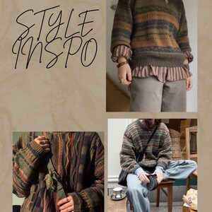 May include: A collage featuring various outfits with the text "STYLE INSO". The outfits include patterned sweaters in shades of brown, green, and blue, paired with shirts and pants. Accessories include bags and jewelry, showcasing a vintage aesthetic.