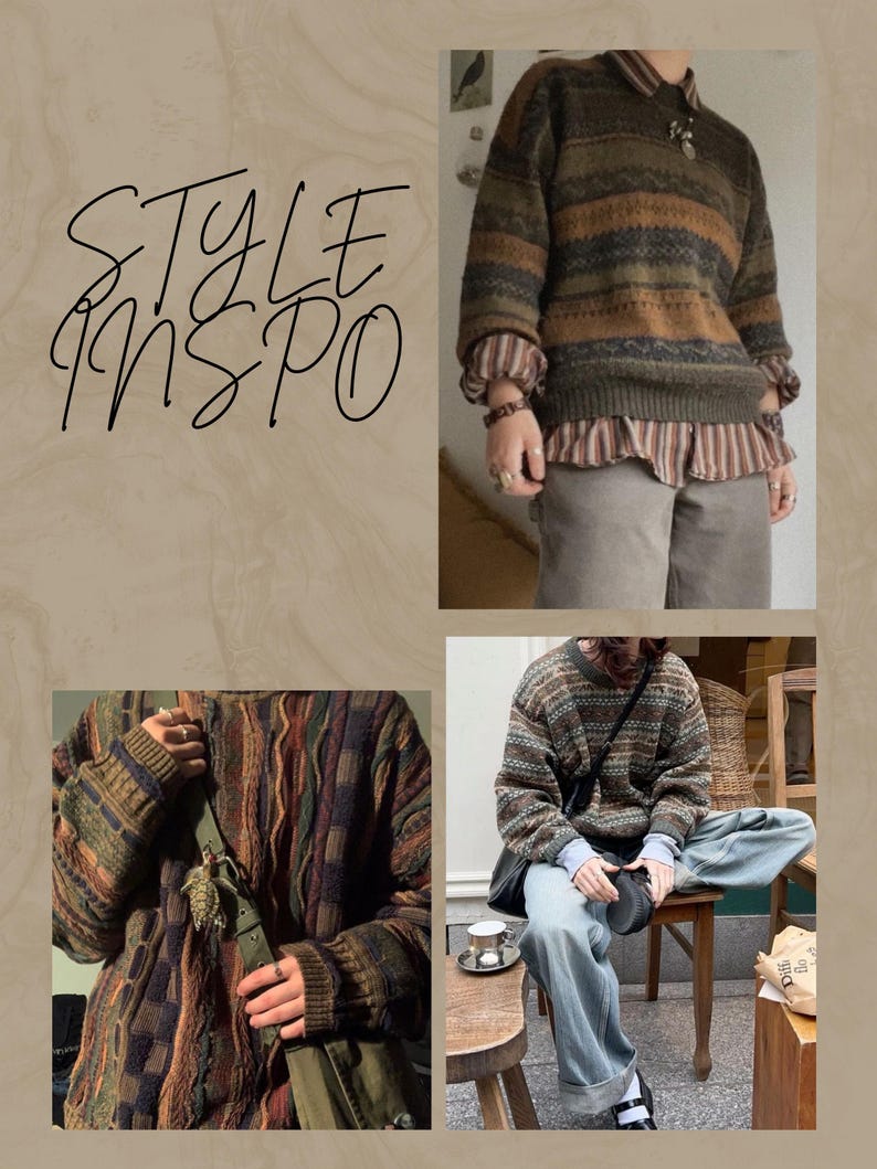 May include: A collage featuring various outfits with the text "STYLE INSO". The outfits include patterned sweaters in shades of brown, green, and blue, paired with shirts and pants. Accessories include bags and jewelry, showcasing a vintage aesthetic.