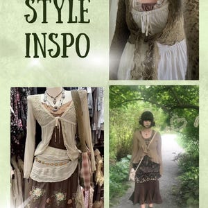 Puede incluir: Un collage con atuendos de estilo bohemio. Los atuendos incluyen faldas largas, tops de encaje y c&aacute;rdigans en tonos neutros. El texto "STYLE INSO" se muestra en verde. Los accesorios incluyen collares y bolsos.
