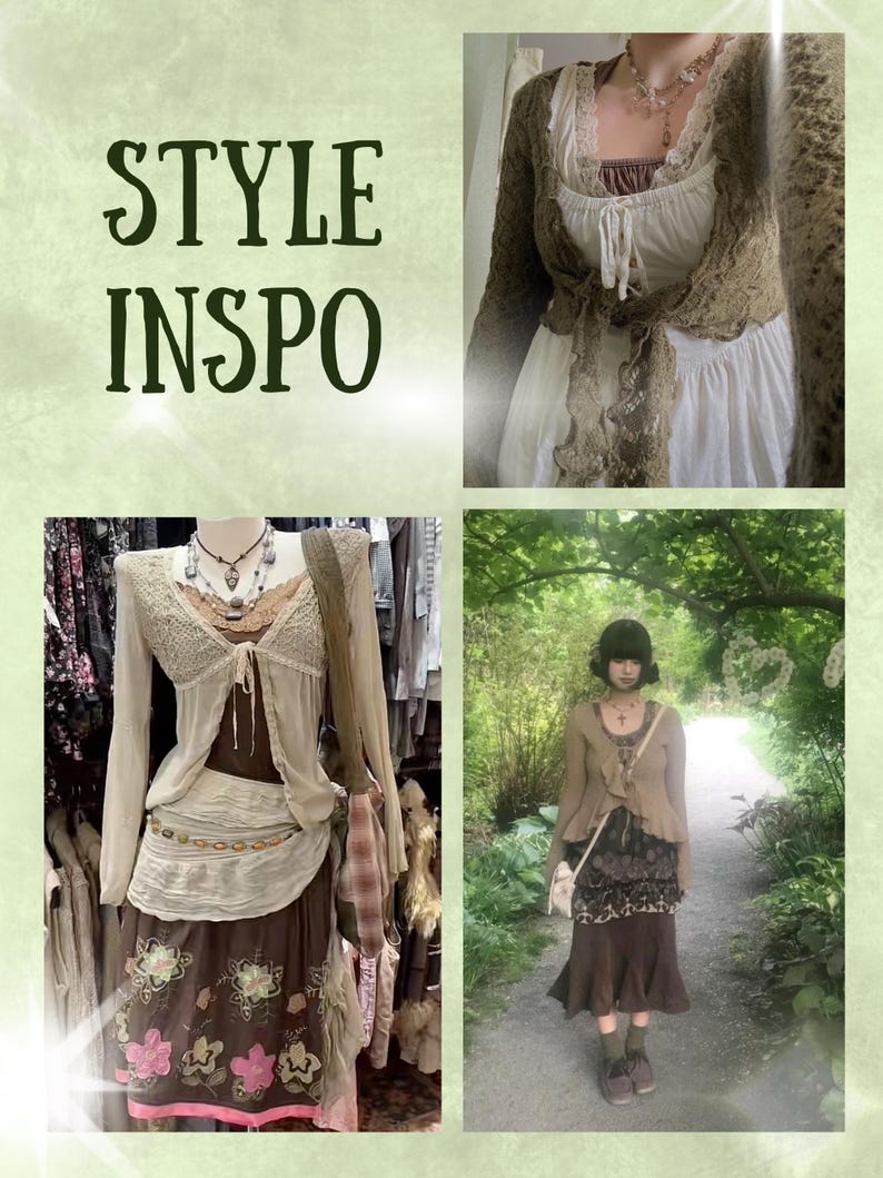 Puede incluir: Un collage con atuendos de estilo bohemio. Los atuendos incluyen faldas largas, tops de encaje y c&aacute;rdigans en tonos neutros. El texto "STYLE INSO" se muestra en verde. Los accesorios incluyen collares y bolsos.