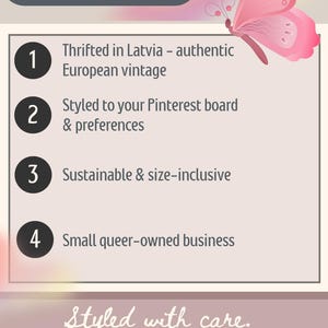 May include: A graphic with the text "Why it's special:" and bullet points describing the product's features. A pink butterfly graphic is in the upper right corner. The text includes "Thrifted in Latvia", "Sustainable", and "Small queer-owned business".