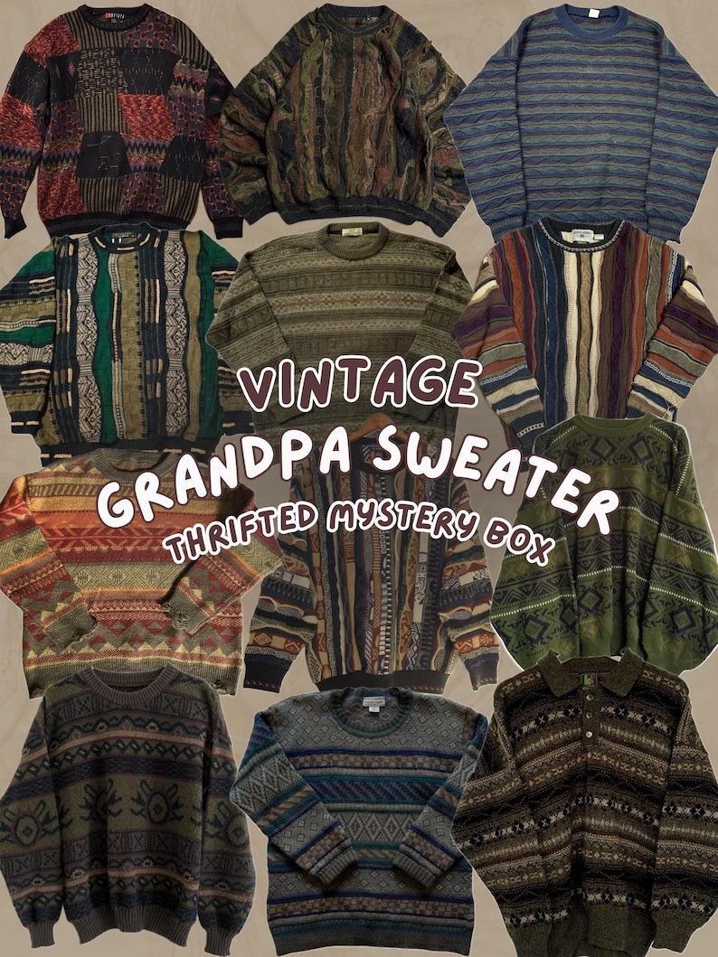 May include: A collection of vintage grandpa sweaters in various colors and patterns. The sweaters include striped, patterned, and textured designs. The image includes the text "Vintage Grandpa Sweater Thrifted Mystery Box".