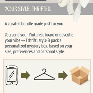 May include: Graphic with text "What is it? YOUR STYLE, THRIFTED." and a description of a curated bundle. The process includes sending a Pinterest board or describing a style, then receiving a personalized mystery box.
