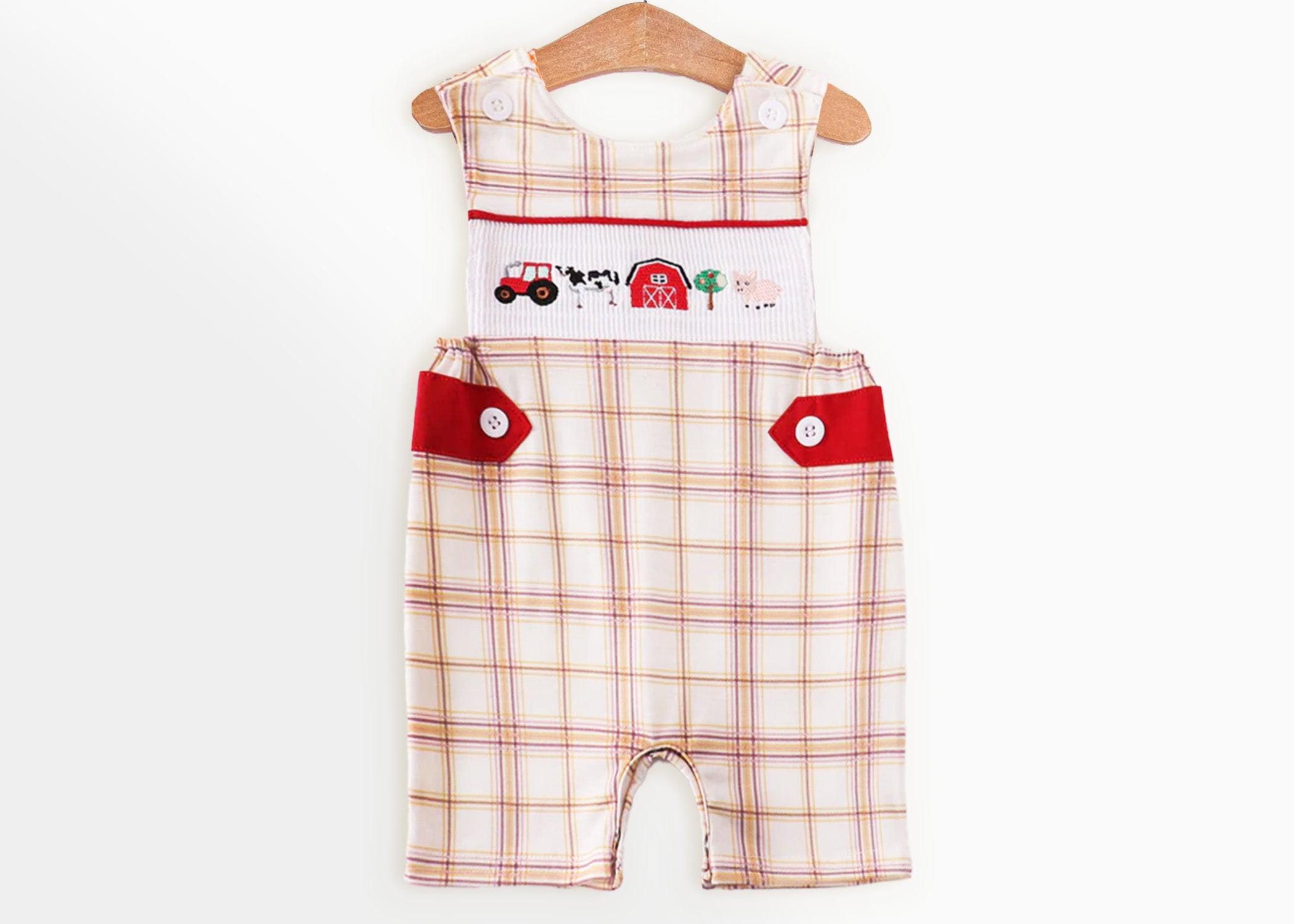Boys Smocked Animal Jon Jon, Farm Animal Party, Barn Animal, Baby Boy Outfit, Preppy Smock, Embroidered, Cow, Pig, Plaid Baby Outfit