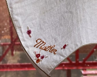 Embroidered Mother Vintage Shabby Chic Hankie Mid-Century Handkerchief Used with Imperfections