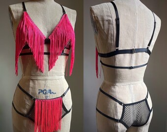 Sample Sale Atomic Pink Fringe Fishnet Bra and Panty Burlesque with Genuine Padparadscha Swarovski CrystalsGo Go Costume