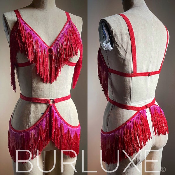 Diamonique Burlesque Bra and Belt Set: Beaded Fringe Costume