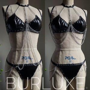 Sample Sale Shiny PVC Bra and Thong with Chains Go Go Costume with Genuine Swarovski Crystals Lingerie