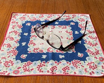 Red and Blue Flowers Vintage Shabby Chic Hankie Mid-Century Handkerchief Pocket Square Used with Imperfections