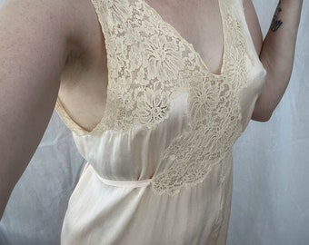 Vintage peachy beige satin and lace jumpsuit one piece pajama elegant loungewear feminine sleepwear