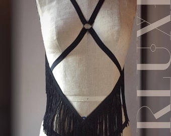 Dondi Burluxe Burlesque Playsuit mit tiefem Vee Fransen und elastischem Neckholder Harness mit Käfighöschen