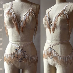 Marisol Shimmy Bra and Belt Set Burlesque Beaded Fringe Burluxe Costume Cage Bra with Circle Detail