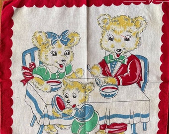 Adorable Three Little Bears Vintage Shabby Chic Hankie Mid-Century Handkerchief Used with Imperfections