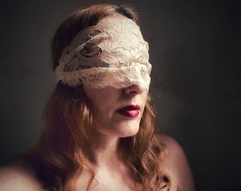 Elegant Peachy Beige Vintage Lace Blindfold with Ivory Ribbon Tie Fetish Eye Mask Sheer Bridal Blind Fold