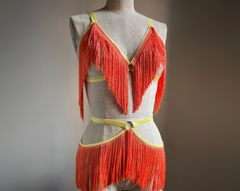 Oryginalny klasyczny kostium burleskowy Delilah Shimmy Fringe Burluxe Cage Bra and Belt