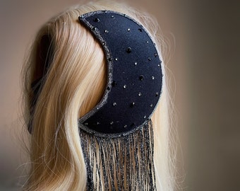 Moonbeams Black Felt Crescent Moon Fascinator Hat with Black Silvery Fringe and Jet and Black Diamond Swarovski Crystals Burluxe Sample Sale