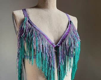 Diamonique Shimmy Bra Burlesque Chainette and Beaded Fringe Costume Burluxe Cage Bra with Circle Detail