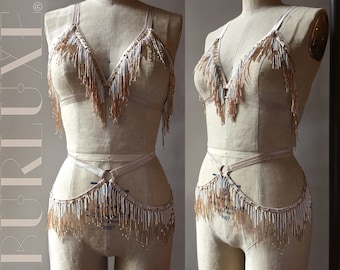 Marisol Shimmy Bra and Belt Set Burlesque Beaded Fringe Burluxe Costume Cage Bra with Circle Detail