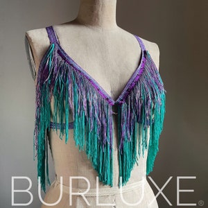 Diamonique Shimmy Bra Burlesque Chainette and Beaded Fringe Costume Burluxe Cage Bra with Circle Detail