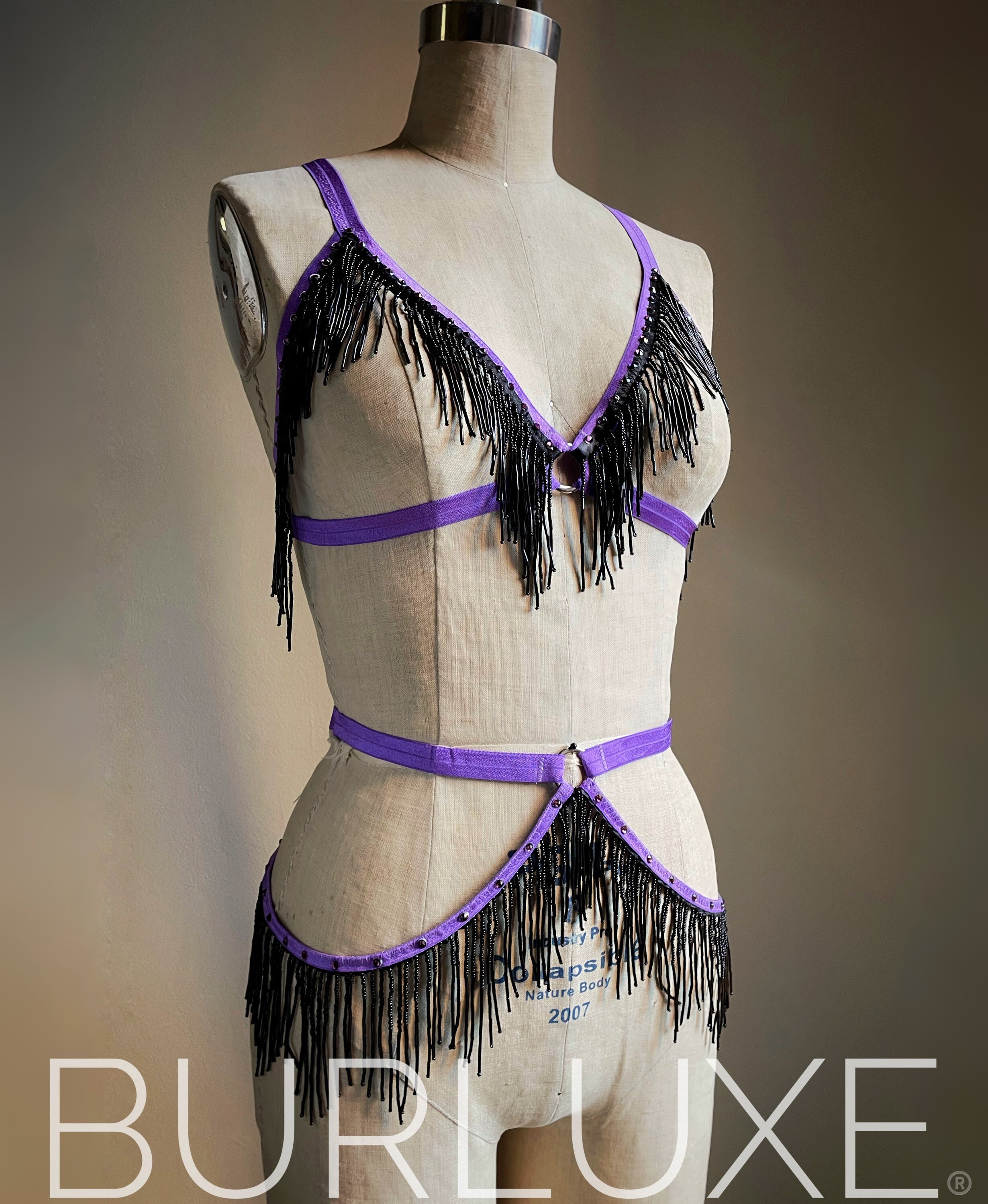 Marisol Shimmy Bra and Belt Set Burlesque Beaded Fringe Burluxe Costume  Cage Bra With Circle Detail -  Denmark