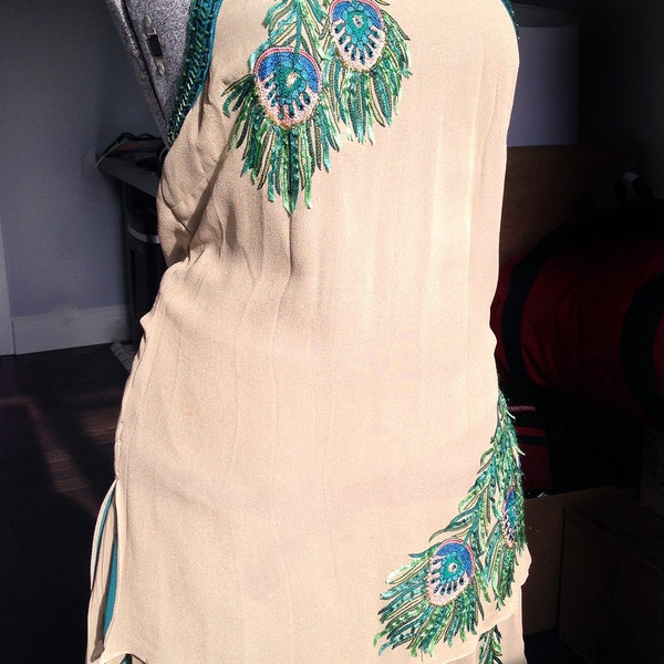 Silk Peacock Dress Beaded Tunic With Peacock Plumes and Swarovski Crystals