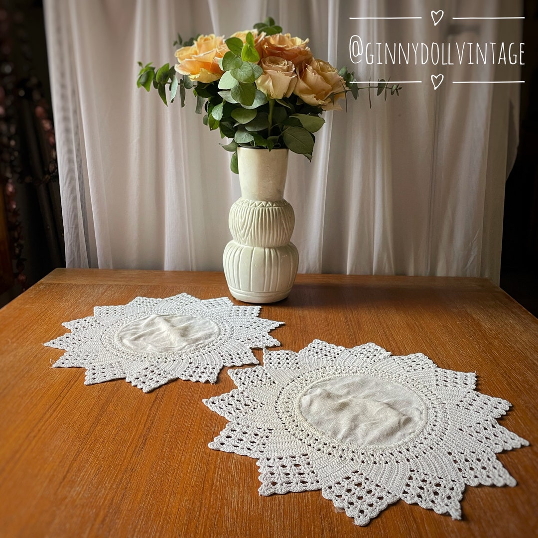Vintage Doily Shabby Chic Pair of Doilies With Fabric Center Mid