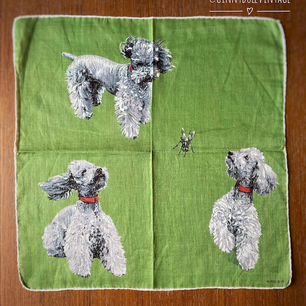 Green Vintage Kreier Switzerland Poodles and Fly Shabby Chic Hankie Mid-Century Handkerchief Pocket Square