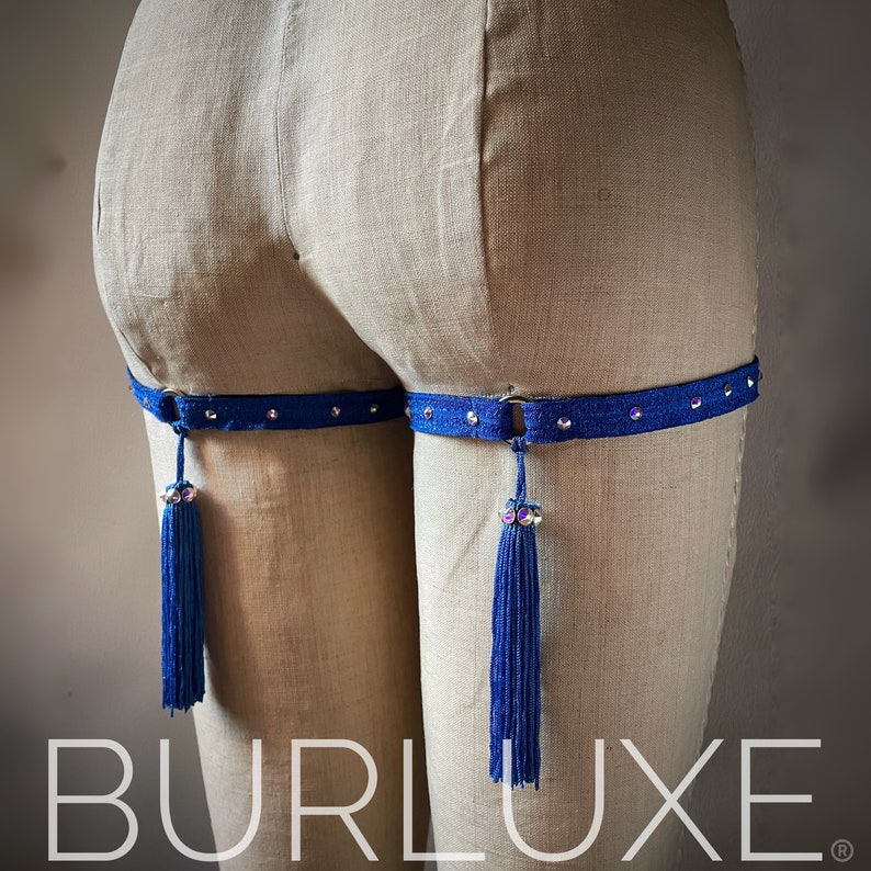 The Original Burluxe Tassel Garter Butt Straps with Tassels and Swarovski Crystals Burlesque Elastic Leg Harness Pair image 3