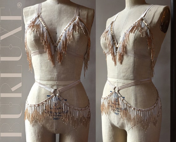 Marisol Shimmy Bra and Belt Set Burlesque Beaded Fringe Burluxe Costume Cage  Bra With Circle Detail 