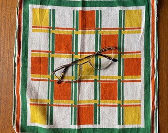 White Orange Green and Yellow Grid Vintage Shabby Chic Hankie Mid-Century Handkerchief Pocket Square Used with Imperfections