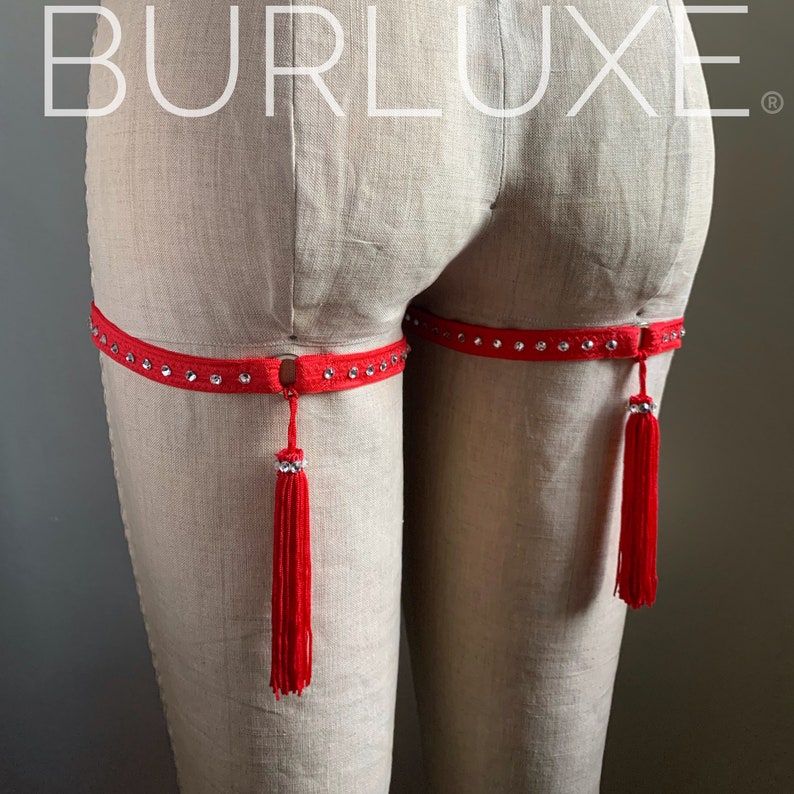 The Original Burluxe Tassel Garter Butt Straps with Tassels and Swarovski Crystals Burlesque Elastic Leg Harness Pair image 1