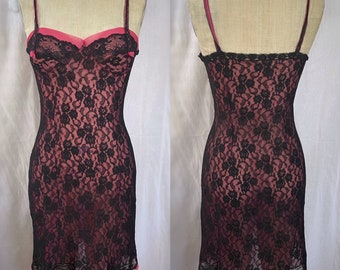 Vintage Pink and Black Lace Slip elegant loungewear feminine sleepwear